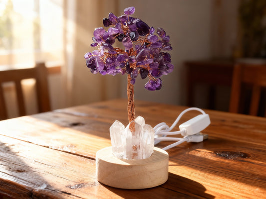 Amethyst Tree Money Tree Lamp | USB Powered Crystal Feng Shui Light | Wealth & Prosperity Decor for Home, Office, Desk, Gift