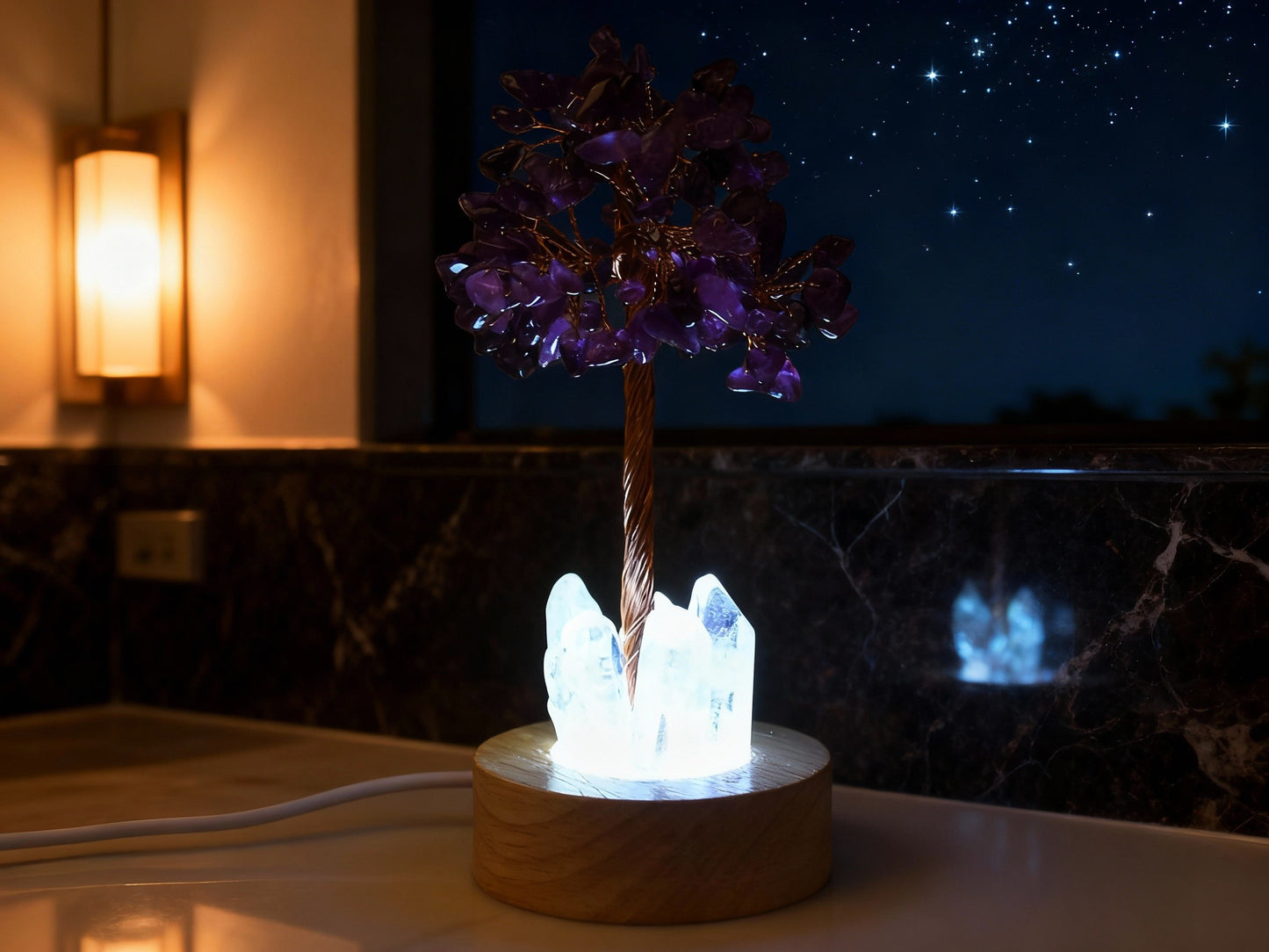 Amethyst Tree Money Tree Lamp | USB Powered Crystal Feng Shui Light | Wealth & Prosperity Decor for Home, Office, Desk, Gift