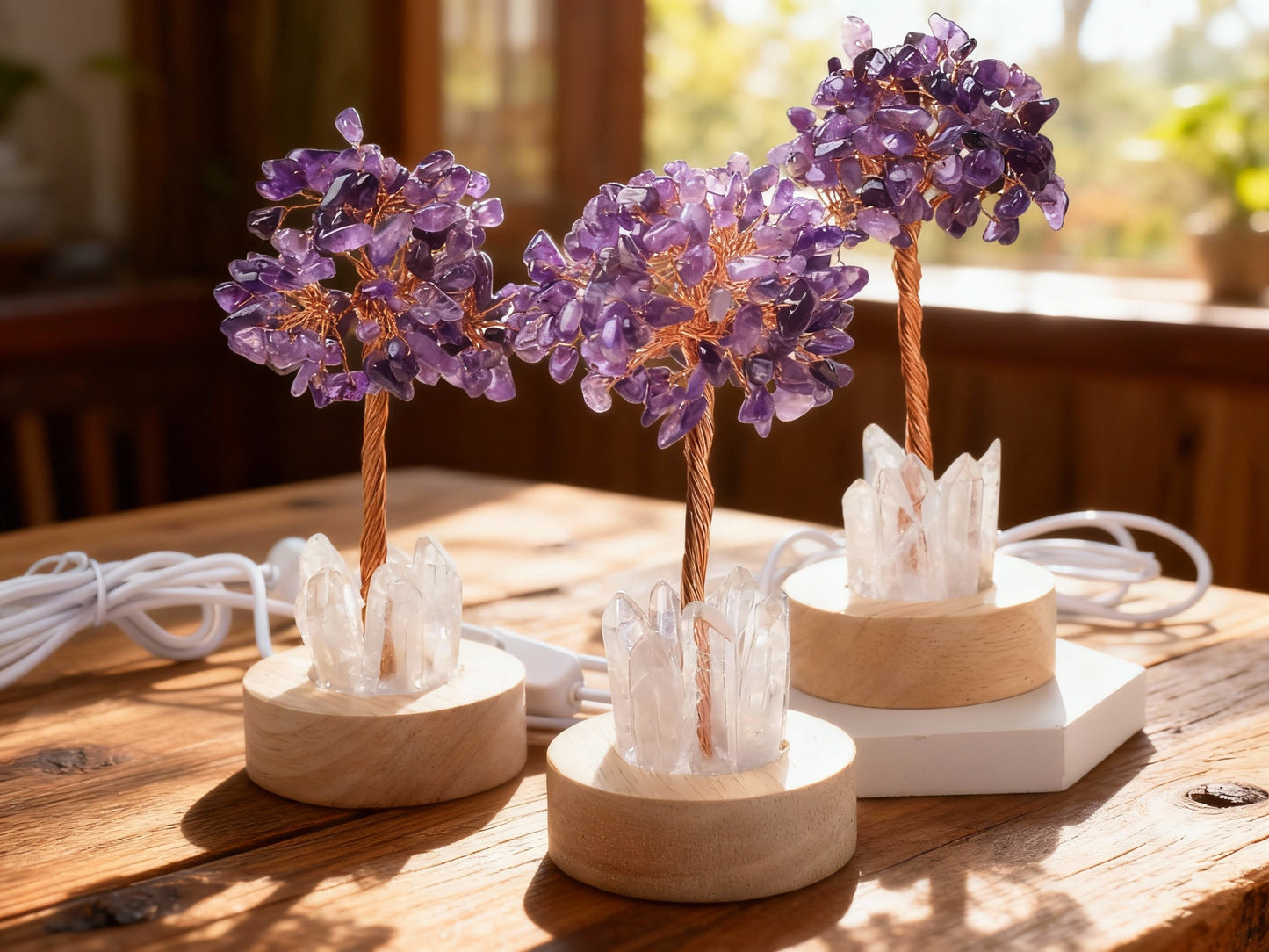 Amethyst Tree  Money Tree Lamp | USB Powered Crystal Feng Shui Light | Wealth & Prosperity Decor for Home, Office, Desk, Gift