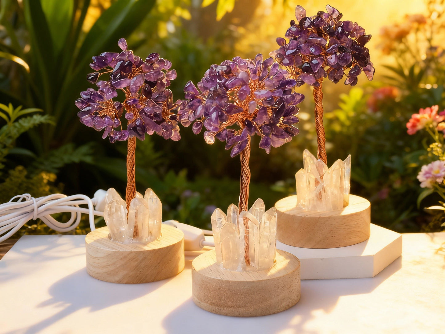 Amethyst Tree  Money Tree Lamp | USB Powered Crystal Feng Shui Light | Wealth & Prosperity Decor for Home, Office, Desk, Gift