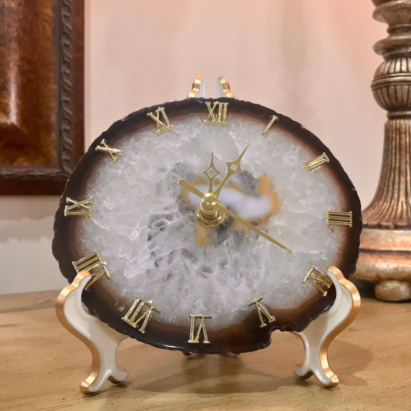 Natural Agate Crystal Stone Desk Clock Roman Numeral